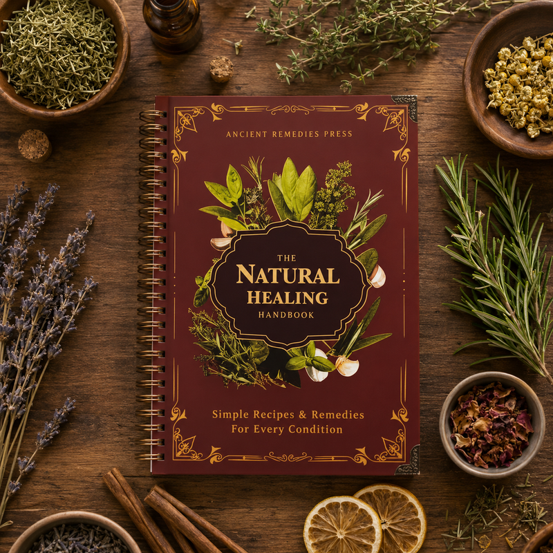 Natural Healing Handbook styled flat lay with dried herbs, cinnamon, and citrus slices