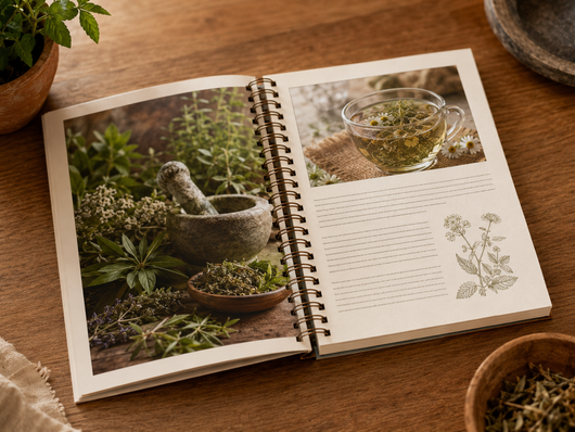 Natural Healing Handbook open to an interior spread showing herbal remedy content and photography