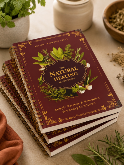 Stack of three Natural Healing Handbook copies on a kitchen counter