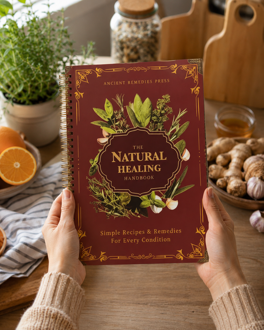 Hands holding the Natural Healing Handbook with fresh herbs, garlic, and citrus in the background