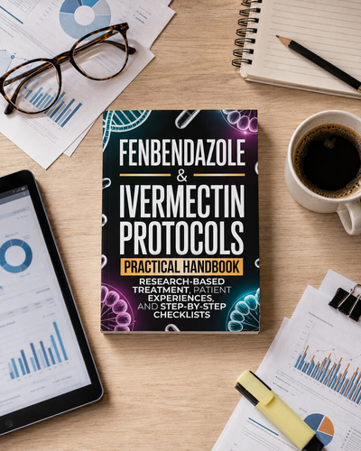 Fenbendazole and Ivermectin Protocols handbook in an educational desk flat lay