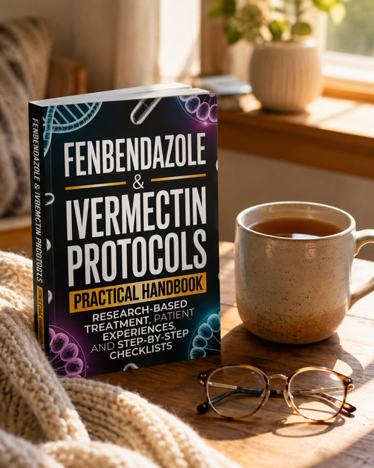 Fenbendazole and Ivermectin Protocols handbook beside tea and reading glasses