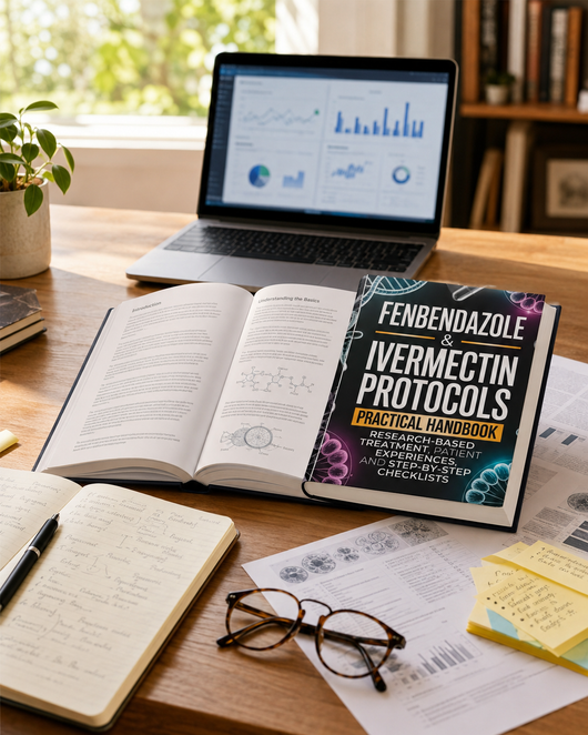 Fenbendazole and Ivermectin Protocols handbook in a home research workspace